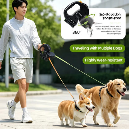 360° Swivel Dual Head Retractable Dog Leash One Hand Control for Medium Large Dogs 2026 New